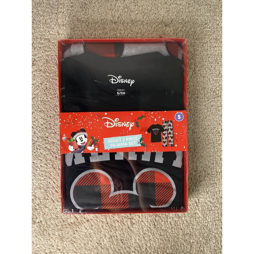 NWT Disney "MERRY" Mickey Logo 2-piece holiday plaid pajama set Adult S Unisex